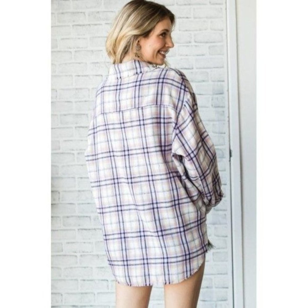 VEVERET Plaid Button Down Long Sleeve Raw Hem Shacket Shirt Lavender M & L NWT - Picture 3 of 16
